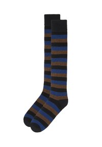 Calcetines altos hasta la rodilla con rayas alternas en azul, marrón y negro. Fabricados con un tejido suave y de textura lisa.