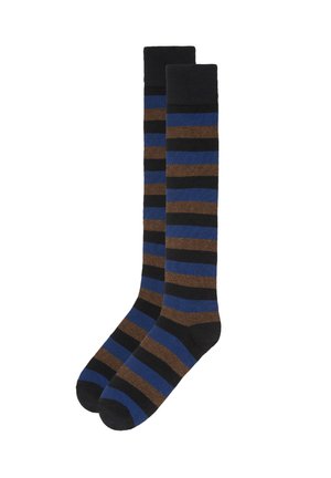 Knee-high socks featuring alternating stripes in blue, brown, and black. Made from a soft textile with a smooth texture.