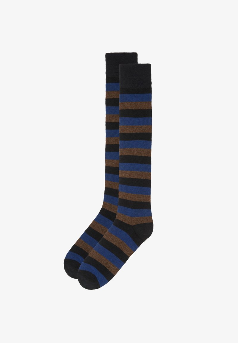 Calcetines altos hasta la rodilla con rayas alternas en azul, marrón y negro. Fabricados con un tejido suave y de textura lisa.