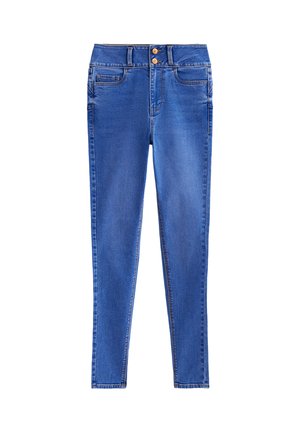 Blauwe denim skinny jeans met twee knopen in de taille, vijf zakken en contrasterende stiksels. De stof is soepel met een lichte rek.