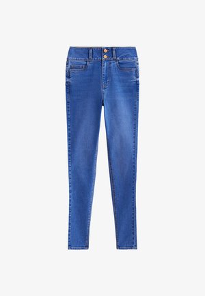 Blauwe denim skinny jeans met twee knopen in de taille, vijf zakken en contrasterende stiksels. De stof is soepel met een lichte rek.