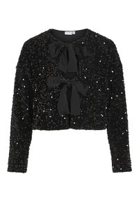 Sort paillet crop-jakke med lange ærmer, har tre sorte satinbånd til at binde foran og en rund halsudskæring. Teksturret, skinnende overflade.