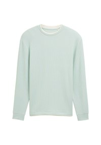Helles mintgrünes Langarmshirt mit gerippter Textur, runden Ausschnitt und kontrastierendem weißen Besatz am Kragen. Bequemer Schnitt.