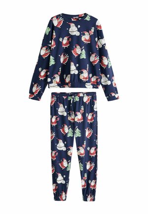 Navy blue long-sleeve top and pants set with repeating patterns of Santa Claus, snowmen, and Christmas trees.