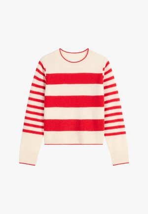 Langdurige gebreide trui met brede rode en witte horizontale strepen op het lijf en smalle rode en witte strepen op de mouwen.