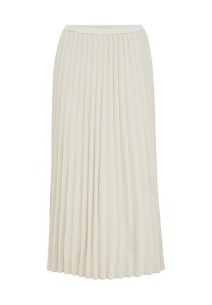 Krēmkrāsas midi svārki ar šaurām vertikālām krokām un piegulošu jostasvietu, attēloti uz vienkārša balta fona.