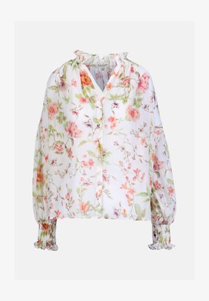 Áttetsző fehér blúz rózsaszín és narancssárga virágmintával, hosszú, légies ujjak, ráncolt mandzsetták, gombos elülső rész és fodros nyakkivágás.