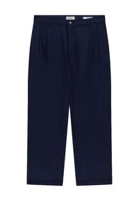 Marineblaue Hose mit geradem Schnitt, vorne mit Falten und einem Knopfverschluss. Hergestellt aus glattem Stoff mit Seitentaschen.