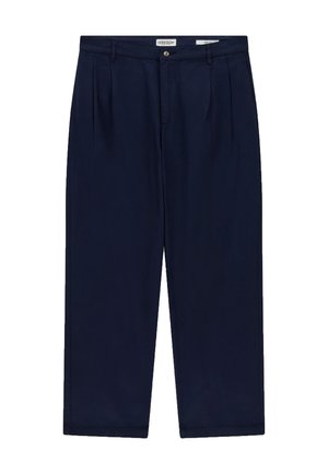 Marineblaue Hose mit geradem Schnitt, vorne mit Falten und einem Knopfverschluss. Hergestellt aus glattem Stoff mit Seitentaschen.
