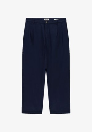Marineblaue Hose mit geradem Schnitt, vorne mit Falten und einem Knopfverschluss. Hergestellt aus glattem Stoff mit Seitentaschen.