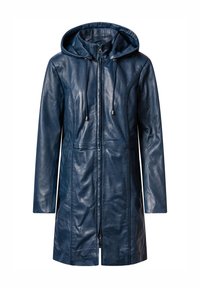 Marineblaue Lederjacke mit Kapuze, ausgestattet mit einem Reißverschluss vorne, Kordelzug, Seitentaschen und glatter Textur.
