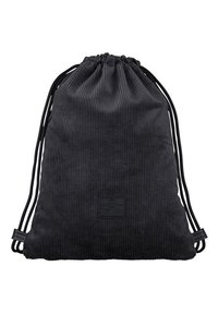 Black corduroy drawstring bag with ribbed texture, featuring a logo patch and adjustable cord handles for closure and carrying.