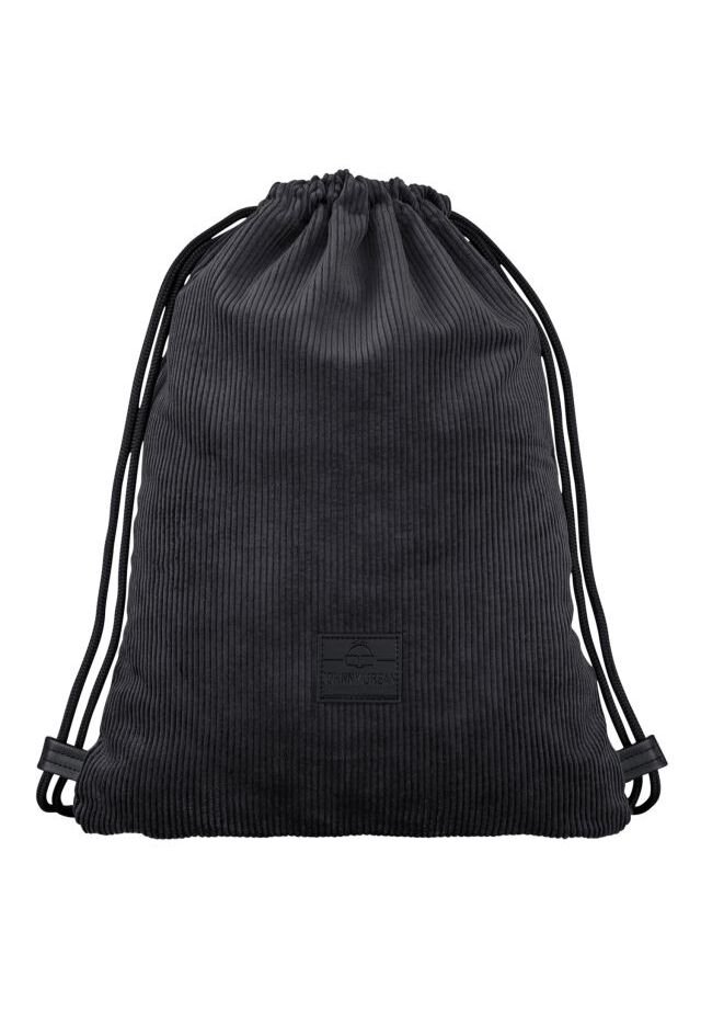 Black corduroy drawstring bag with ribbed texture, featuring a logo patch and adjustable cord handles for closure and carrying.