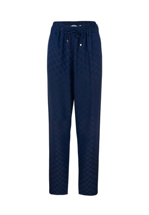 Pantaloni in felpa blu navy con vita elastica e cordoncino, caratterizzati da un motivo a rombi e dettagli in hardware dorato.