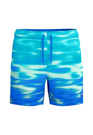 Blue and turquoise swim shorts with a drawstring waist and a small logo on the bottom right leg.