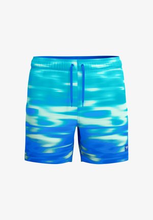 Blue and turquoise swim shorts with a drawstring waist and a small logo on the bottom right leg.