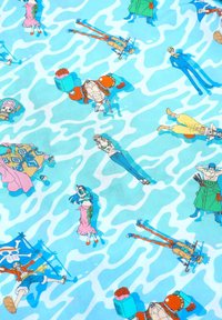 Light blue fabric featuring various cartoon characters in colorful attire, arranged in playful poses against a wavy background pattern.