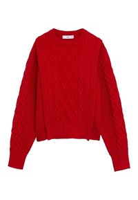 Pull rouge en maille torsadée à manches longues, col rond, avec des motifs en losanges et tresses texturés sur le devant et les manches.