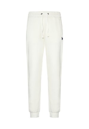 Pantaloni da tuta bianchi con vita elastica, cordino regolabile e polsini a coste. Presenta un piccolo logo scuro sulla gamba sinistra.