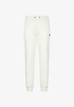 Pantaloni da tuta bianchi con vita elastica, cordino regolabile e polsini a coste. Presenta un piccolo logo scuro sulla gamba sinistra.