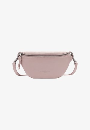 Hellrosa Lederhandtasche mit geschwungenem Design, Reißverschluss oben, verstellbarem Riemen und geprägtem Logo. Glatte Textur und eleganter Finish.