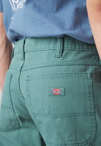 Zaļie audekla šorti ir ar augstu jostasvietu, divām aizmugures kabatām un iztinu etiketi ar "Dickies" logo labajā aizmugurējā kabatā.