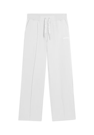 Pantalon blanc à jambes droites avec ceinture élastique, cordon de serrage étiqueté "FREDDY", poches latérales et petit logo "FREDDY" sur la cuisse droite avant.