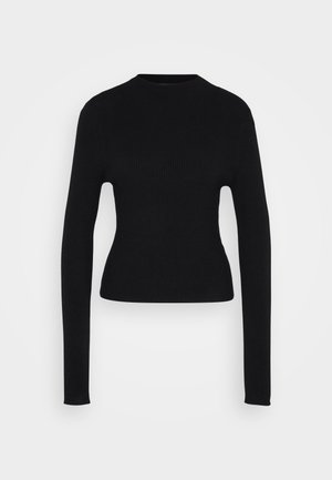 Tight black ribbad stickad långärmad tröja med hög båtringad hals och något kortad nederkant mot en vit bakgrund.
