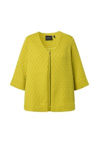Veste en tricot texturé jaune avec manches trois-quarts et fermeture éclair à l'avant, présentée sur fond blanc.