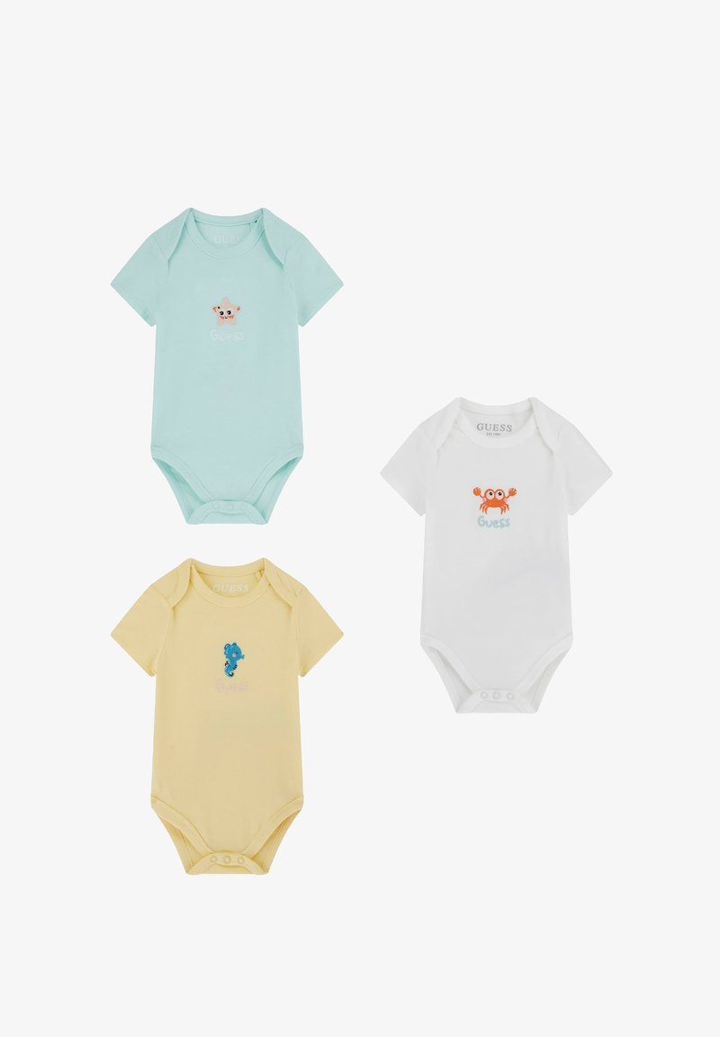 Drie babyrompers: mintgroen met een berenafbeelding, wit met een krabafbeelding en geel met een paardenstaartafbeelding. Zachte katoen, korte mouwen.