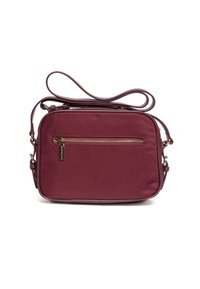Elegante borsa a tracolla color bordeaux con esterno in nylon liscio, dotata di tasca con cerniera dorata e tracolla regolabile per maggiore versatilità.