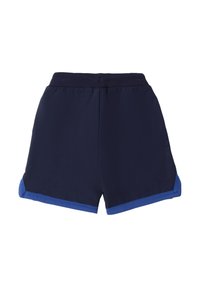 Pantaloni sportivi blu navy con una texture morbida e liscia. Presentano un bordo blu in contrasto sull'orlo e una cintura elastica per il massimo comfort.