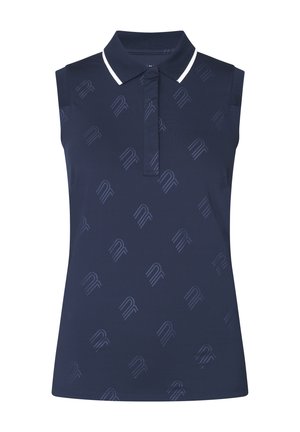 Camisa polo sin mangas de color navy hecha de una tela suave; cuenta con un cuello de solapa con ribete blanco y un sutil patrón de logotipos en toda la prenda.