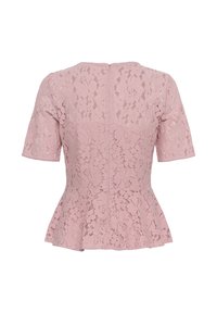 Blouse en dentelle rose clair à manches courtes avec motif floral, taille cintrée et fermeture éclair au dos.