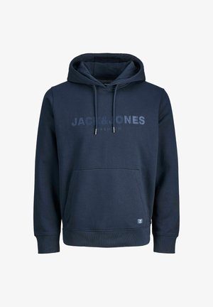 Felpa blu navy con tasca a canguro frontale, polsini e fondo a coste, caratterizzata dal testo "JACK & JONES PREMIUM" in una tonalità leggermente più scura.