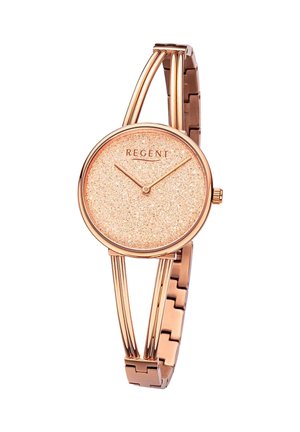 Montre-bracelet Regent en or rose avec cadran scintillant, deux aiguilles fines et un bracelet métallique fendu sur fond blanc.