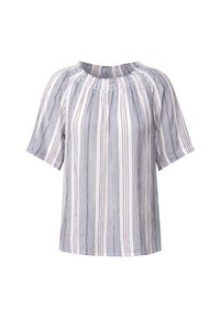 Gestreepte blouse met korte mouwen, met een geplooide halslijn. Materiaal in wit, marineblauw en bordeauxrode verticale strepen; lichtgewicht stof.