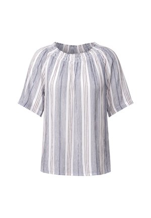 Gestreifte Bluse mit kurzen Ärmeln, die einen gerafften Ausschnitt besitzt. Material in weißen, marineblauen und kastanienbraunen vertikalen Streifen; leichter Stoff.