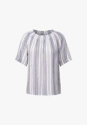 Gestreepte blouse met korte mouwen, met een geplooide halslijn. Materiaal in wit, marineblauw en bordeauxrode verticale strepen; lichtgewicht stof.