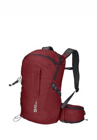 Roter Rucksack mit strukturierter Oberfläche, verstellbaren Trägern und einem abnehmbaren unteren Fach. Mit schwarzen Reißverschlüssen und Akzenten.