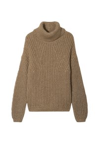 Chunky strik turtleneck sweater i en varm brun nuance. Har løse ærmer og et struktureret stof med et ribbet mønster.