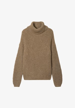 Pull à col roulé en tricot épais dans une teinte marron chaude. Dispose de manches amples et d'un tissu texturé avec un motif côtelé.