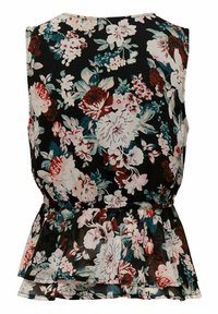 Blusa sin mangas floral en negro, con cintura peplum y patrones vibrantes de flores en rosa, rojo y verde azulado sobre una tela ligera.