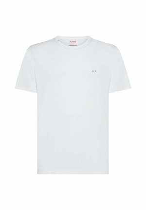 T-shirt bianco in cotone con scollatura rotonda e maniche corte. Presenta un piccolo logo grigio sul lato sinistro del petto. Tessuto morbido.