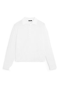 Witte lange mouwen polo shirt met een kraag, knoopsluiting en geribde manchetten, gemaakt van zachte, lichte stof.