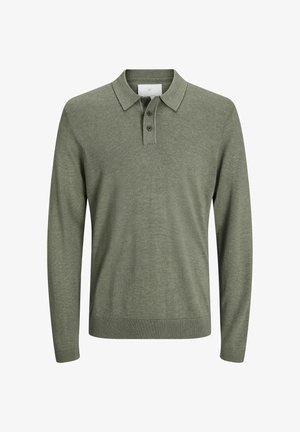 Olive green long-sleeve polo shirt made of soft fabric; features a classic collar, three-button placket, and ribbed cuffs and hem.