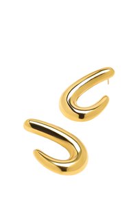 Złocone metalowe kolczyki o zakrzywionym, wydłużonym kształcie. Gładka, odbijająca powierzchnia; posiadają prosty zapięcie typu post back dla pewnego noszenia.