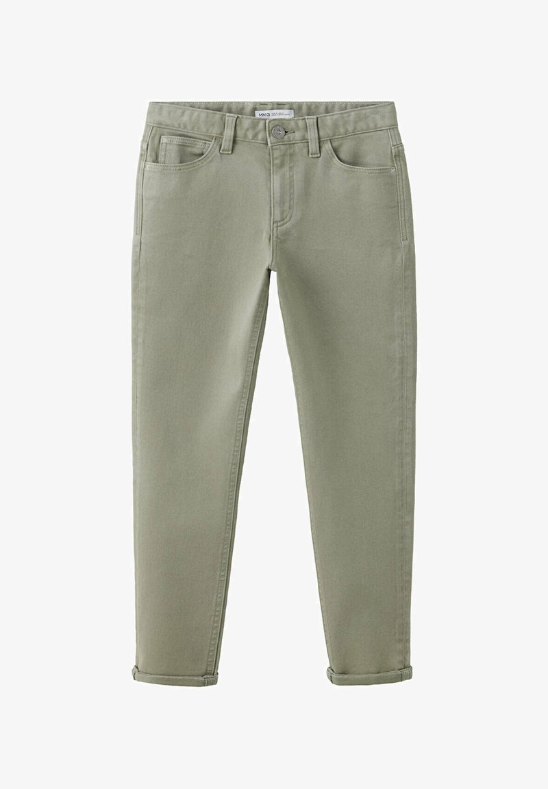 Pantalon slim vert clair avec poches avant, passants de ceinture, fermeture par bouton et ourlets remontés sur fond blanc.