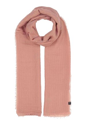 Weicher, rosa rechteckiger Schal mit dezenten vertikalen Streifen und leicht ausgefransten Kanten, oben zu einer lockeren Schlaufe gefaltet.