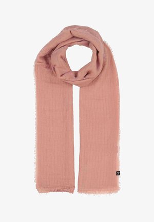 Weicher, rosa rechteckiger Schal mit dezenten vertikalen Streifen und leicht ausgefransten Kanten, oben zu einer lockeren Schlaufe gefaltet.